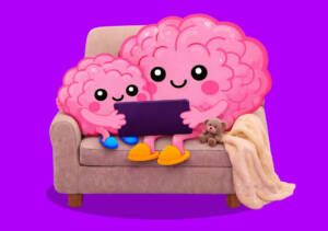 Two cartoon brain images, one of a parent and one of a child, both looking at a screen